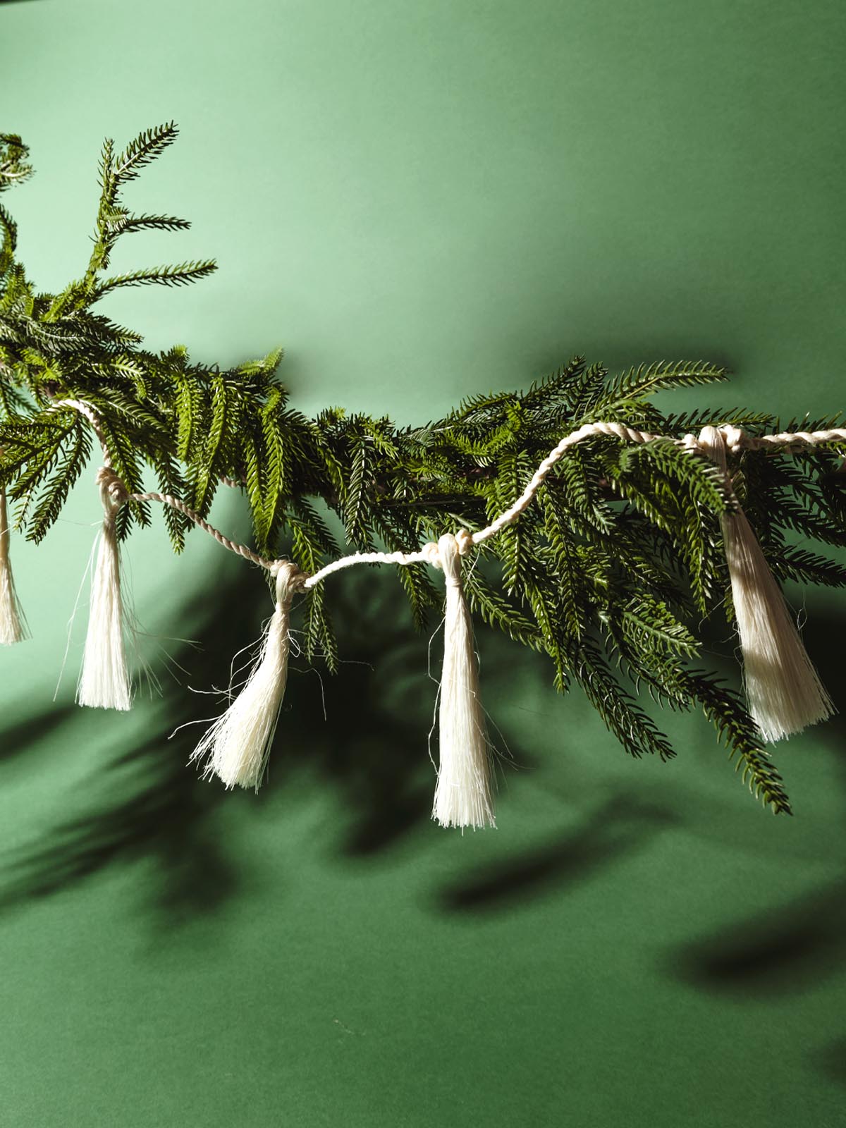 White tassel garland on christmas branch