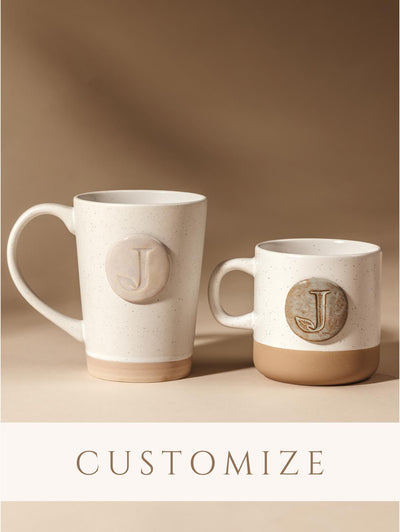 Customizable handmade white speckled mugs in 10 and 16 oz.
