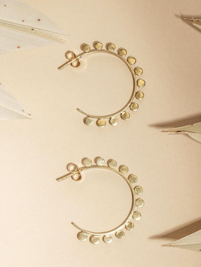 Close up of gold brass disc hoop earrings on. a cream surface with dried plants. 