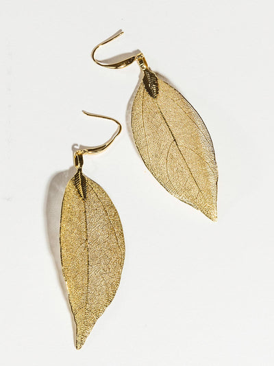 Golden leaf earrings on white background