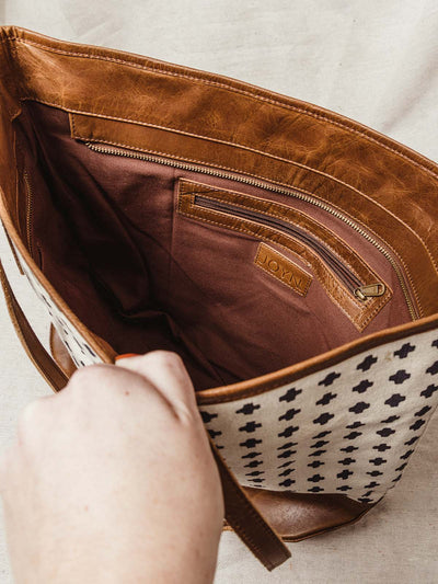 Interior of bag with leather zipper and quality cloth lining