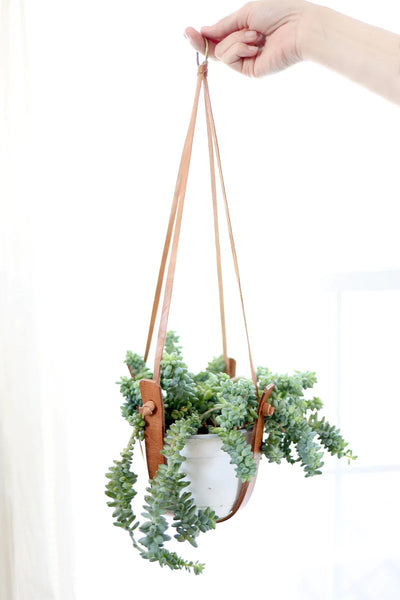 model holding leather plant hanger with small plant in hanger