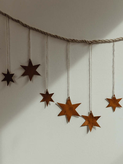 Leather stars on cloth string on white wall