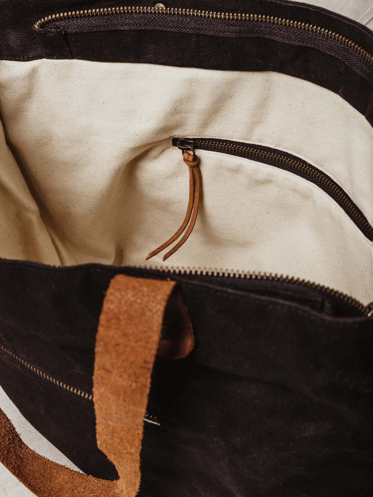 Closeup of internal zipper and quality fabric