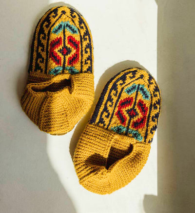 Mustard Yellow Socks with blue and red detailing 