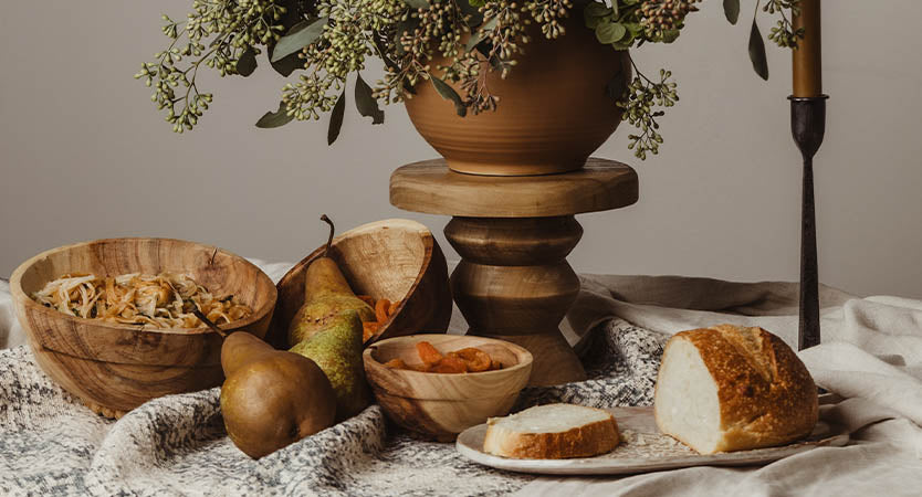 Beautiful tabletop featuring handcrafted wooden pieces