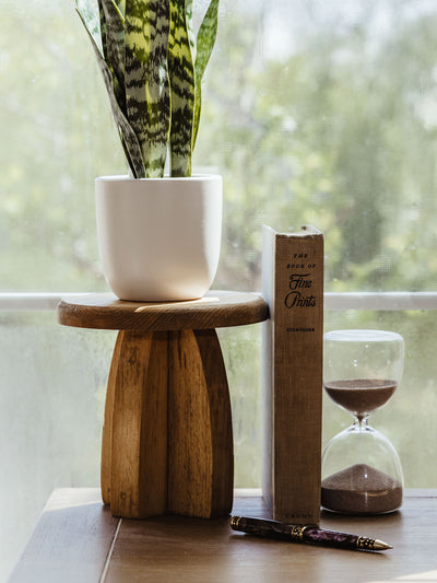 Wooden pedestal stand styled with a snake plant in a white ceramic pot, placed next to an hourglass, a fountain pen, and a vintage book titled "The Book of Fine Prints" by Zigrosser.