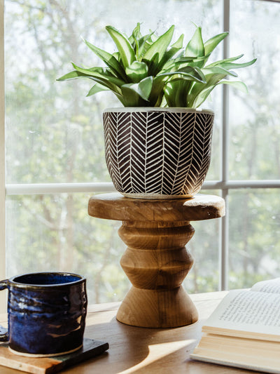 Natural wood pedestal riser holding a black-and-white chevron planter with a green plant, styled on a windowsill beside a ceramic mug and open book.