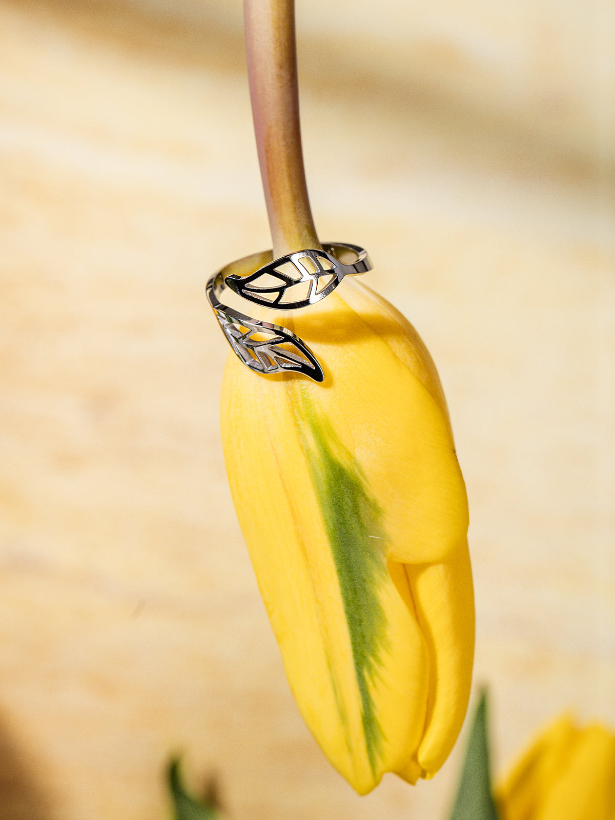 Silver wrap ring with two open leaf designs delicately placed around the stem of a yellow tulip.