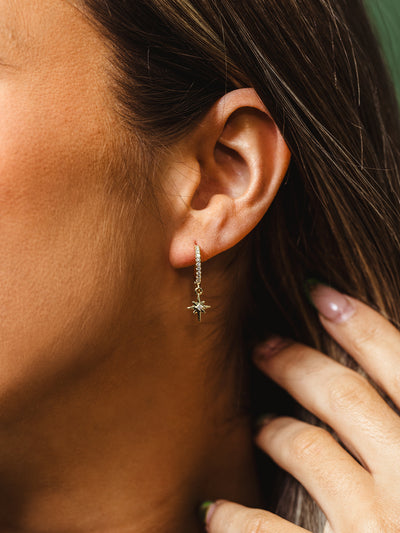 Close-up of a woman wearing a gold hoop earring with pavé stones and a dangling star charm, styled with sleek brown hair tucked behind the ear.