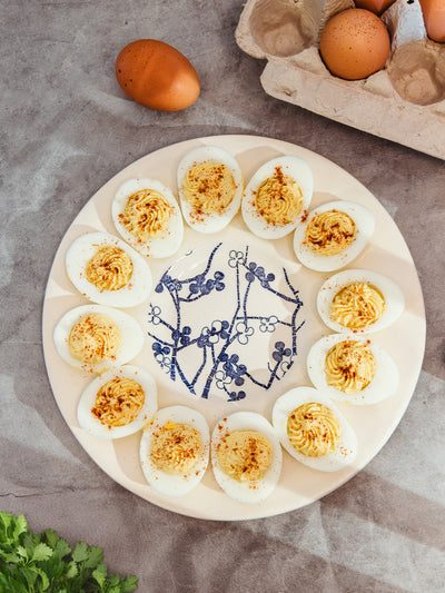 A ceramic deviled egg tray filled with twelve deviled eggs, each sprinkled with paprika. The tray features a blue floral design in the center and sits on a gray surface next to brown eggs and a carton.
