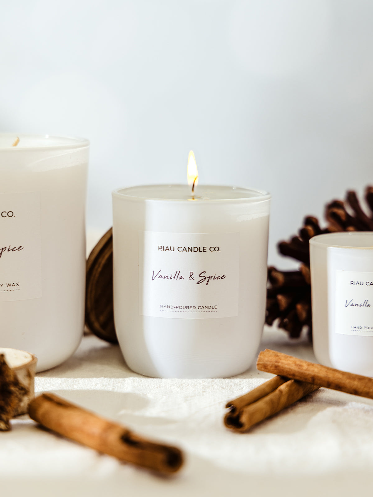Close-up of a small lit Vanilla & Spice candle from Riau Candle Co., styled with pinecones and cinnamon sticks beside two additional candles in the collection.
