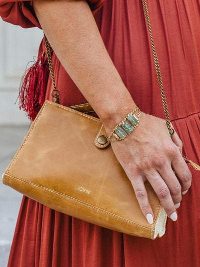 Close up of canvas and leather crossbody bag on female model wearing red dress. 