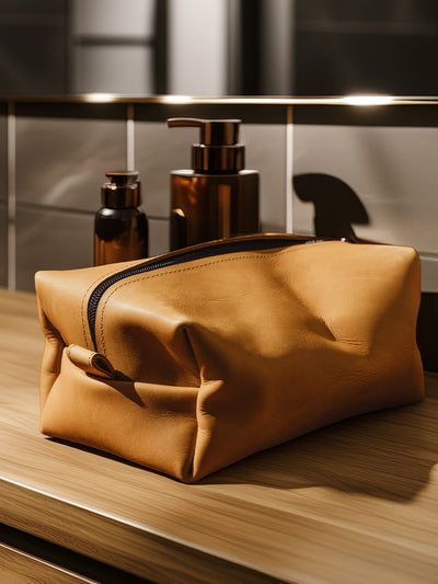 A structured tan leather dopp kit rests on a wooden bathroom counter with bronze pump bottles and tiled walls in the background.
