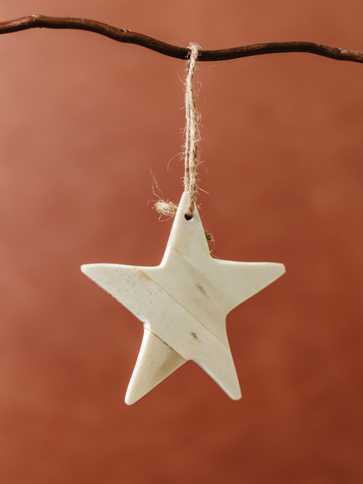 Handcrafted bone star ornament with jute string, minimalist eco-friendly Christmas tree decoration made from sustainable natural materials.