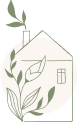 Icon graphic in thin green line in a shape of a house surrounded by flowers and leaves