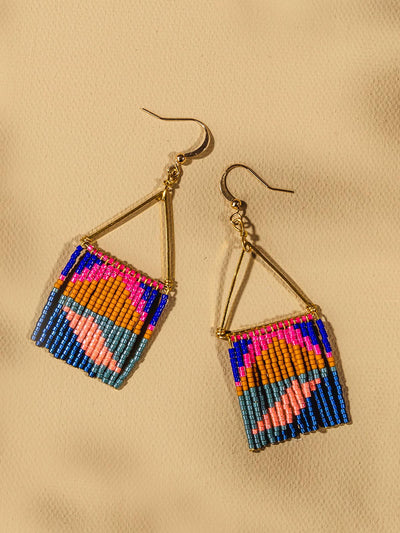 Golden triangle shape earrings with multi-colored neon beads handing from the triangle shape like fringe. Colors featured are neon pink. blues, and mustard.
